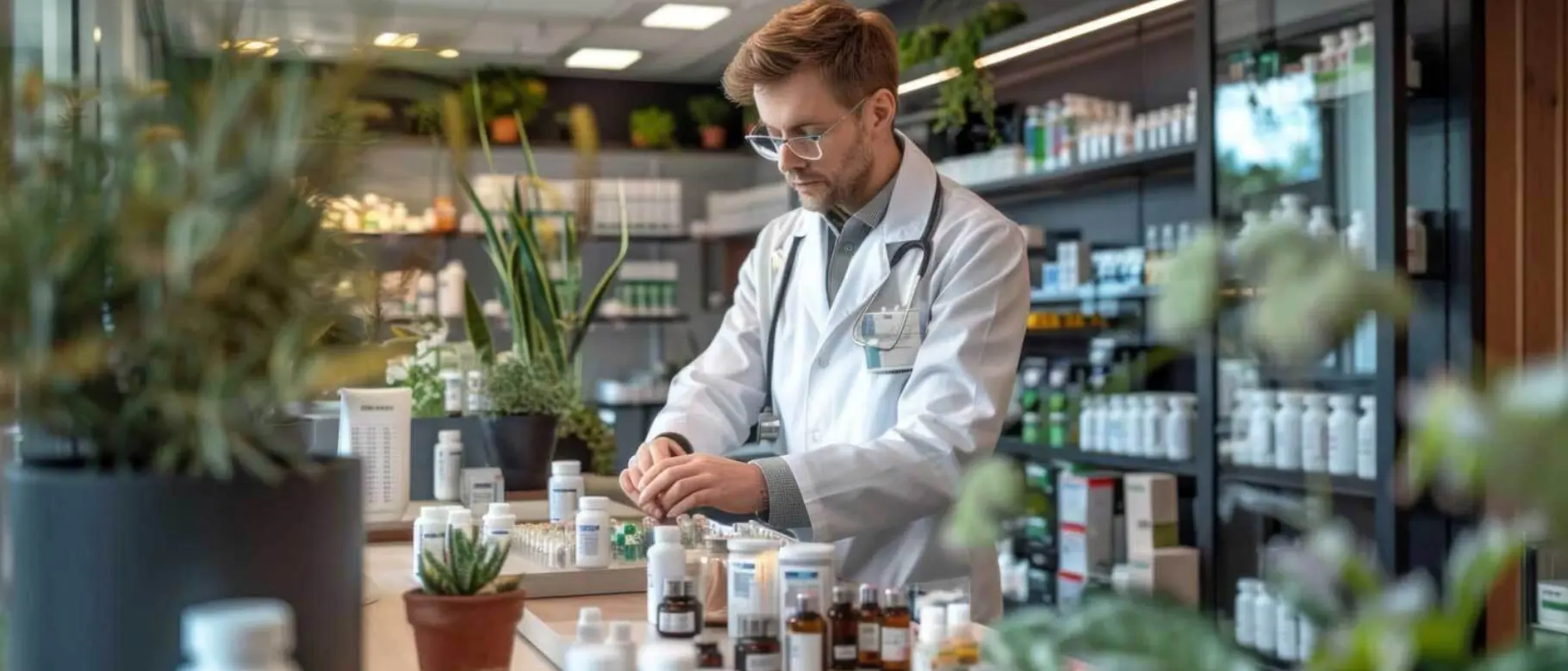 Apotheker der gerade in einer Apotheke steht an der Theke.