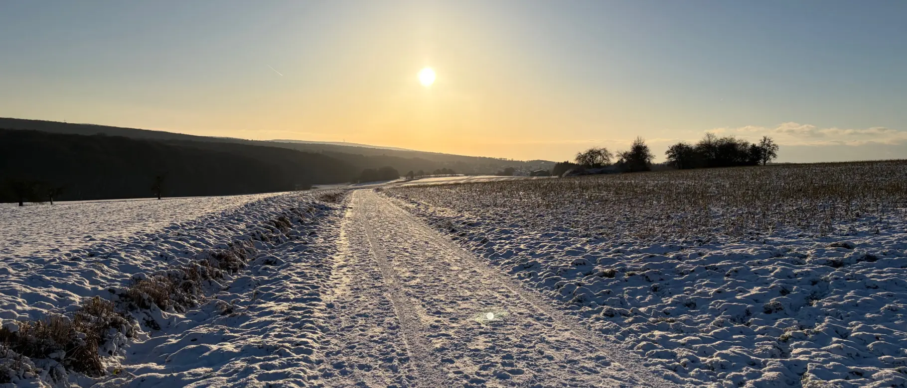 Ein verschneiter Feldweg führt auf die aufgehende Wintersonne zu – Symbolbild für den Ausblick und die Zukunftsfragen von Unternehmen im Jahr 2026