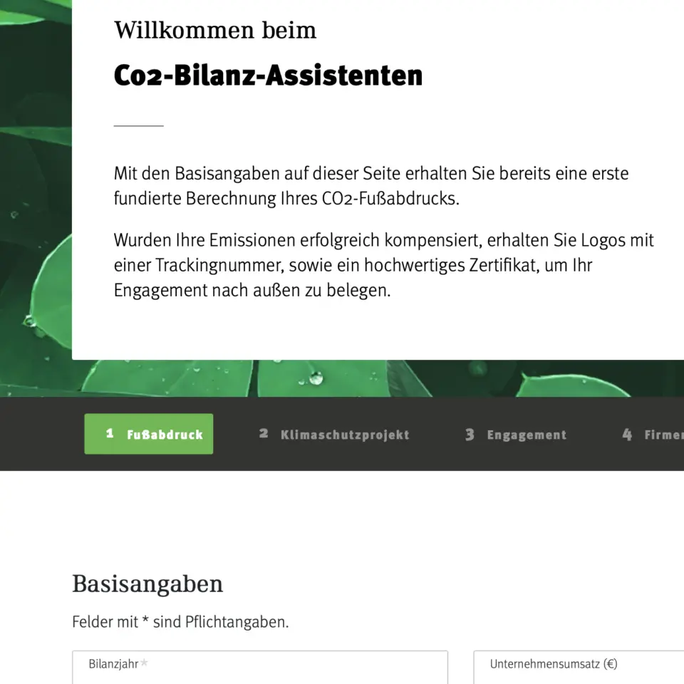 Screenshot CO2-Bilanzierungs-Software für KMU: Dashboard zur Erfassung von Scope 1, 2 und 3 Emissionen nach GHG Protocol.