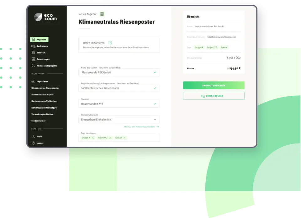 Screenshot der Benutzeroberfläche der Software ecozoom: Eine übersichtliche grafische Darstellung von CO2-Emissionsdaten für den digitalen Produktpass und die Lieferkette.
