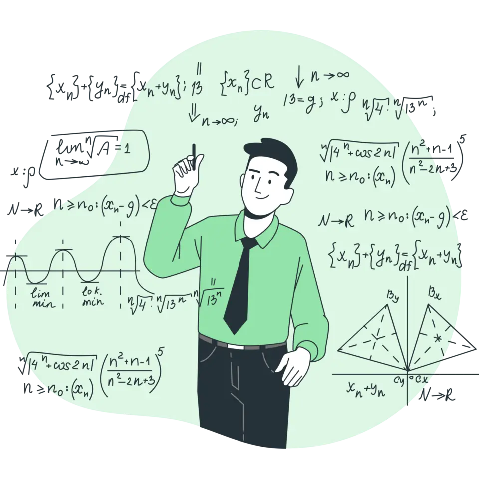 Illustration: Ein Fachmann analysiert komplexe Daten und Formeln an einer Tafel, symbolisch für den Prozess, eine CO2-Bilanz für Unternehmen zu erstellen.