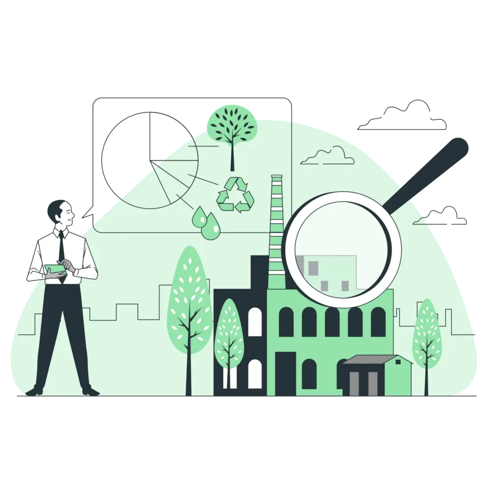 Illustrative Darstellung eines Unternehmensgebäudes mit einer Lupe als Symbol für die Analyse des Corporate Carbon Footprint und die systematische Betrachtung von Emissionen.