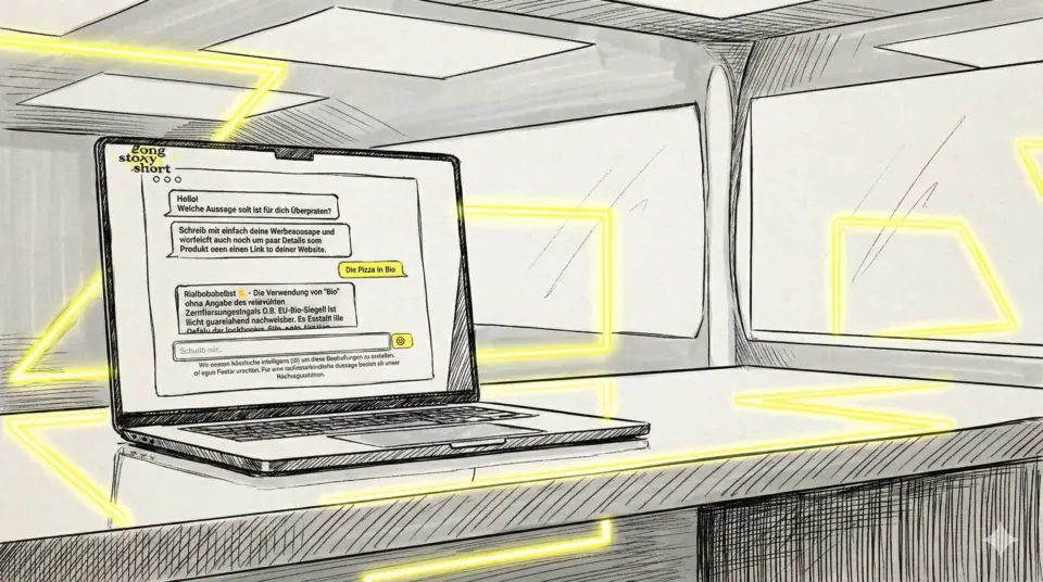 Illustration in klarem Stil: Ein offener Laptop steht auf einem Schreibtisch. Der Bildschirm zeigt hell erleuchtet die Benutzeroberfläche der digitalen EmpCo-Lösung zur Prüfung von Werbeaussagen.