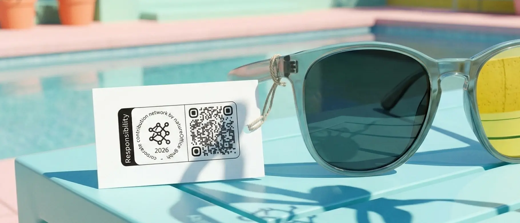 Sunglasses on a table with a mockup of the new natureOffice label illustrating transparent sustainability communication and climate claims