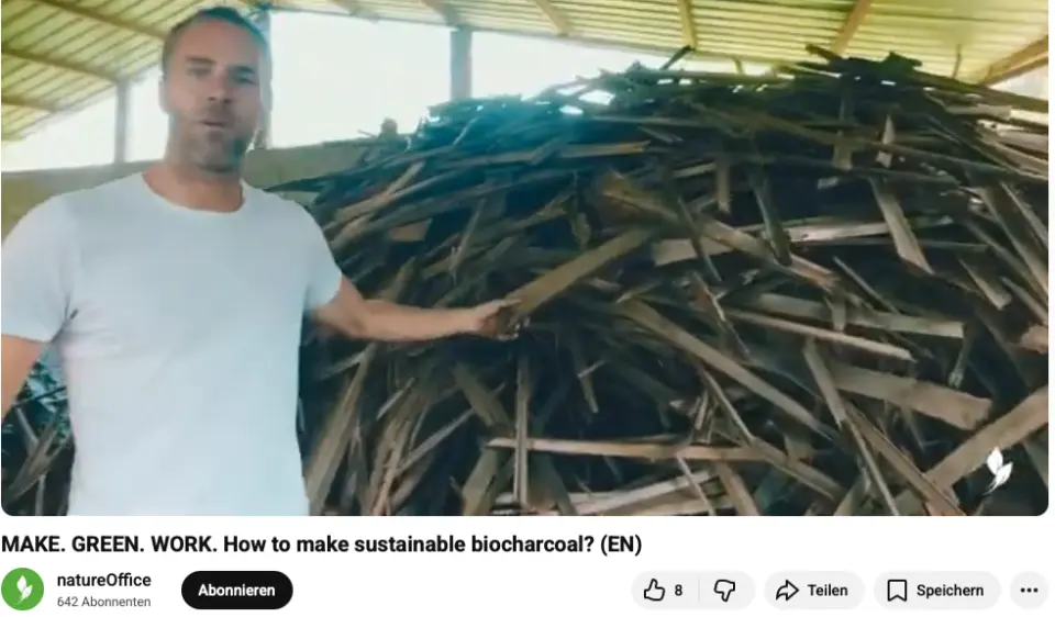 Screenshot of a YouTube video showing a biochar project in Togo using biomass for carbon removal