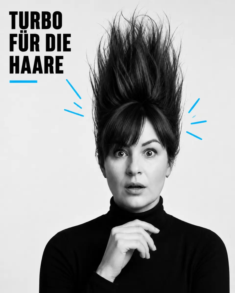 Confused portrait of a woman with hair sticking out in all directions, illustrating the advertising claim “Turbo for your hair” in contrast to green claims.