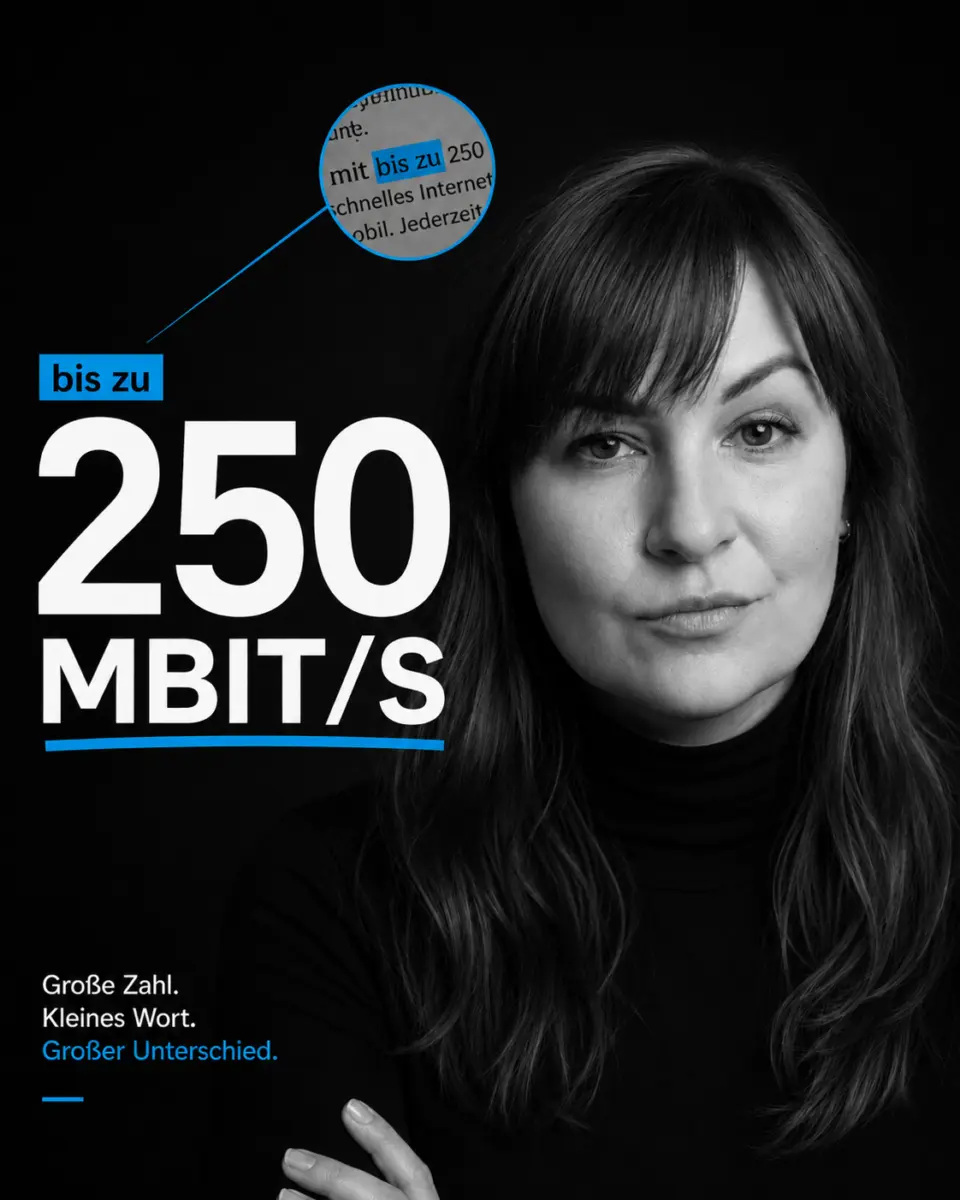 Portrait of a woman next to the advertising claim “up to 250 Mbit/s”, illustrating how small qualifiers can change the meaning of big advertising promises.