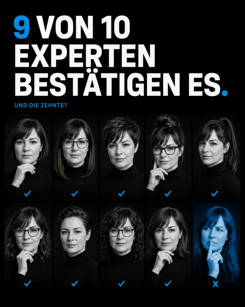 Image montage with ten portraits of a woman and the claim “9 out of 10 experts confirm it”, illustrating how seemingly objective advertising statements can create trust.