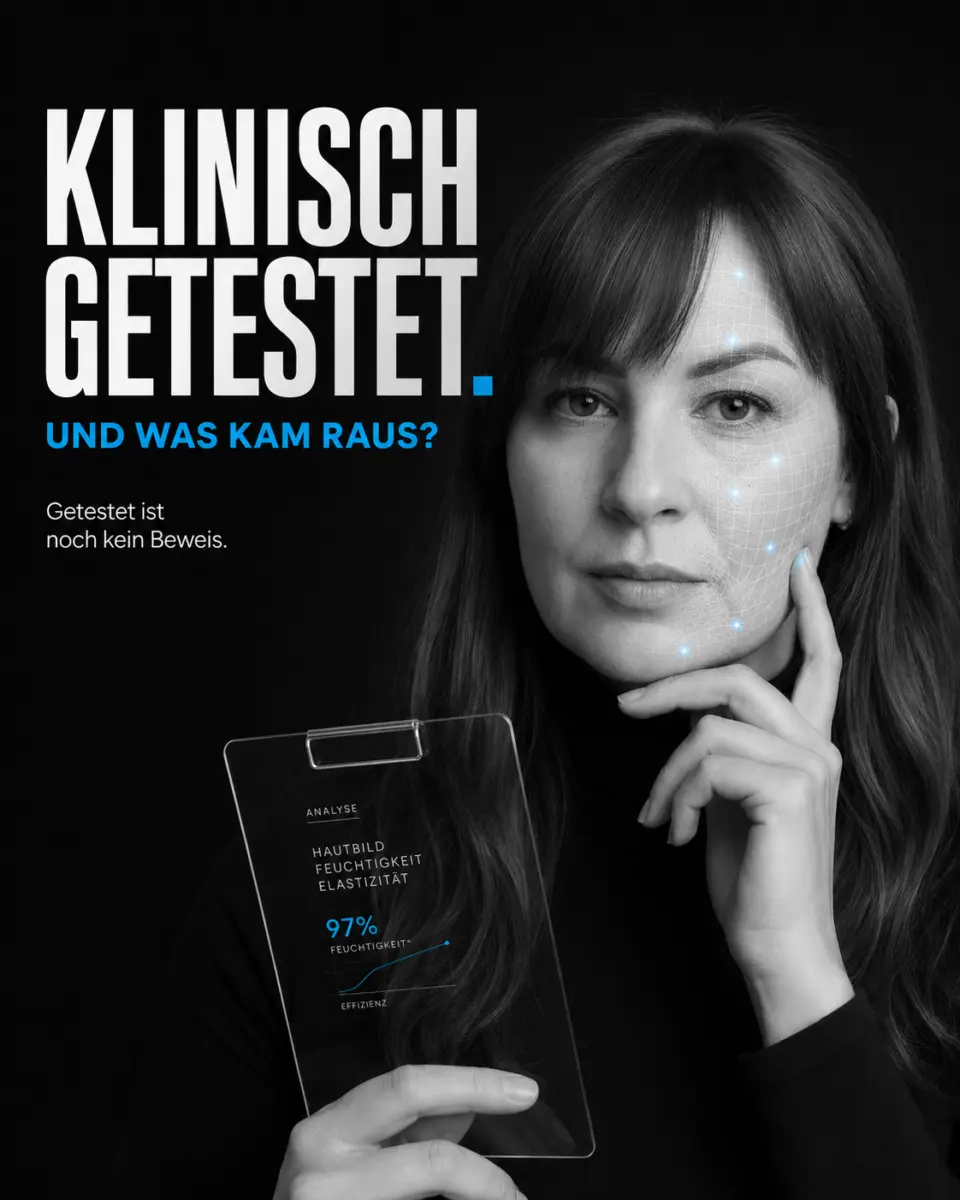 Portrait of a woman with an analysis graphic and the claim “clinically tested”, illustrating that tested advertising statements are not automatically proven.