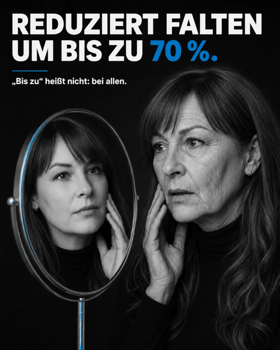 Image of a woman with visible wrinkles looking at a smooth reflection in the mirror, illustrating the claim “reduces wrinkles by up to 70%” as an example of “up to” advertising promises in contrast to green claims.