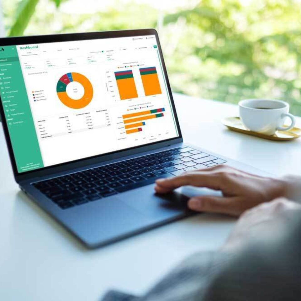 Person arbeitet am Laptop mit farbigen Diagrammen auf dem Bildschirm.