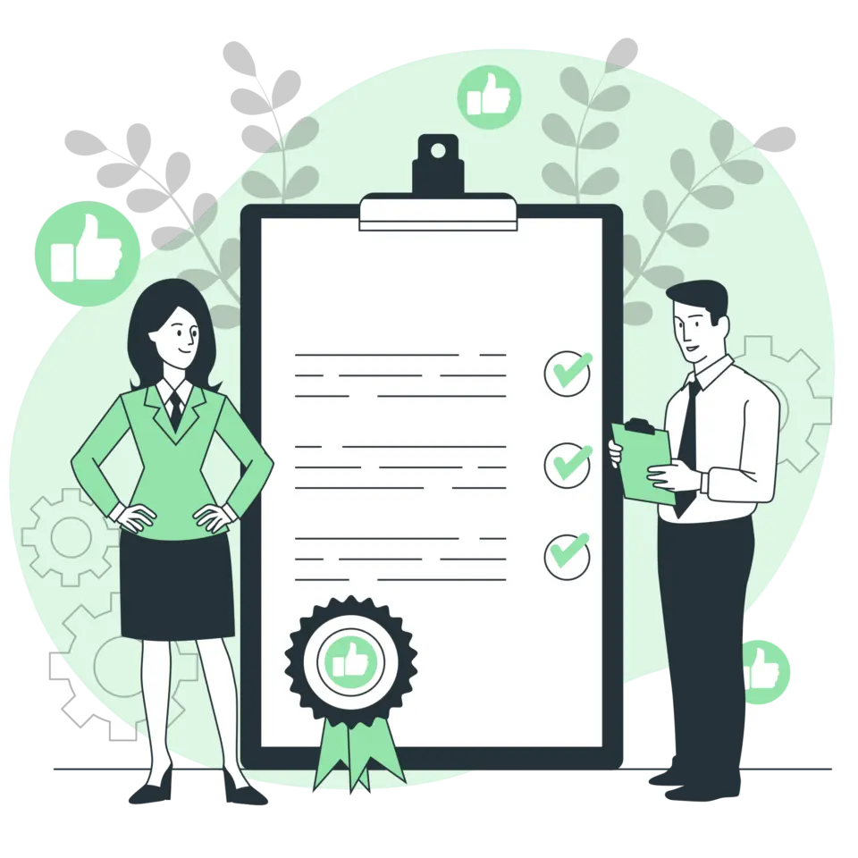 Illustration zum VSME-Standard: Ein Mann und eine Frau begutachten einen geprüften Nachhaltigkeitsbericht mit Siegel und abgehakter Checkliste.
