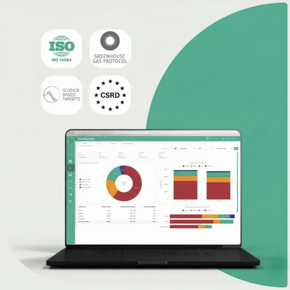 Laptop displaying a carbon accounting software dashboard for calculating corporate carbon footprint (Scope 1–3)