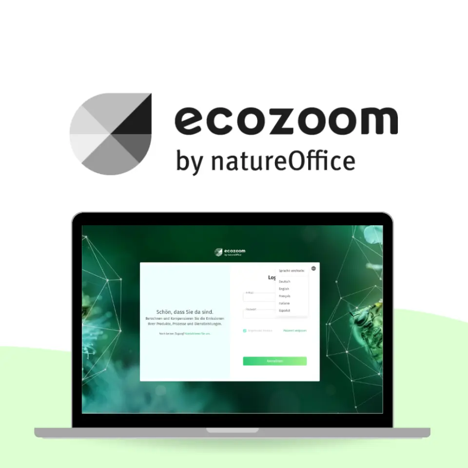 Laptop showing ecozoom PCF software login screen for product carbon footprint calculation