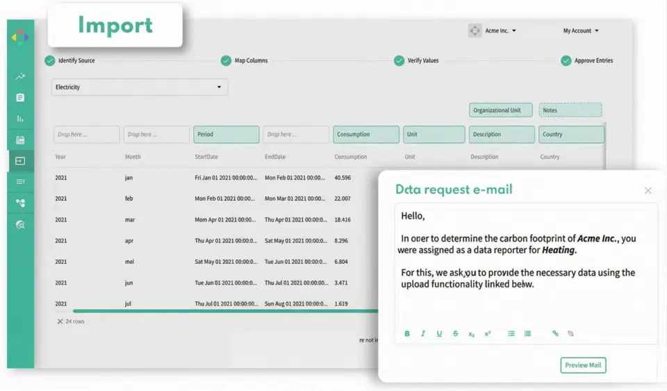 Dashboard of carbon accounting software showing Excel data import for structured collection and central management of CO₂ data