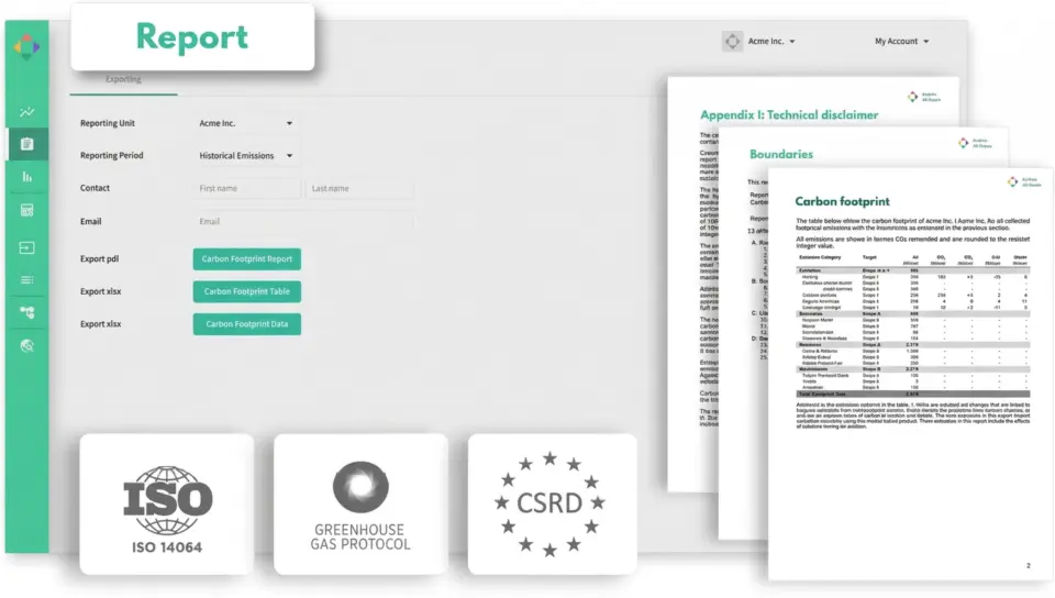 Dashboard of carbon accounting software showing CO₂ reporting features aligned with GHG Protocol, ISO 14064-1 and CSRD requirements