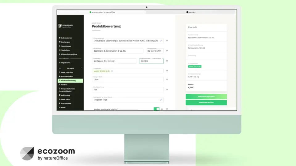 Mockup showing PCF software with product carbon footprint calculation and product-level analysis