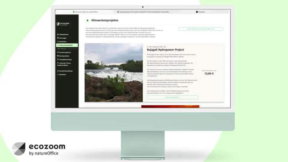 PCF software interface showing overview of selectable climate projects and CO₂ contribution options