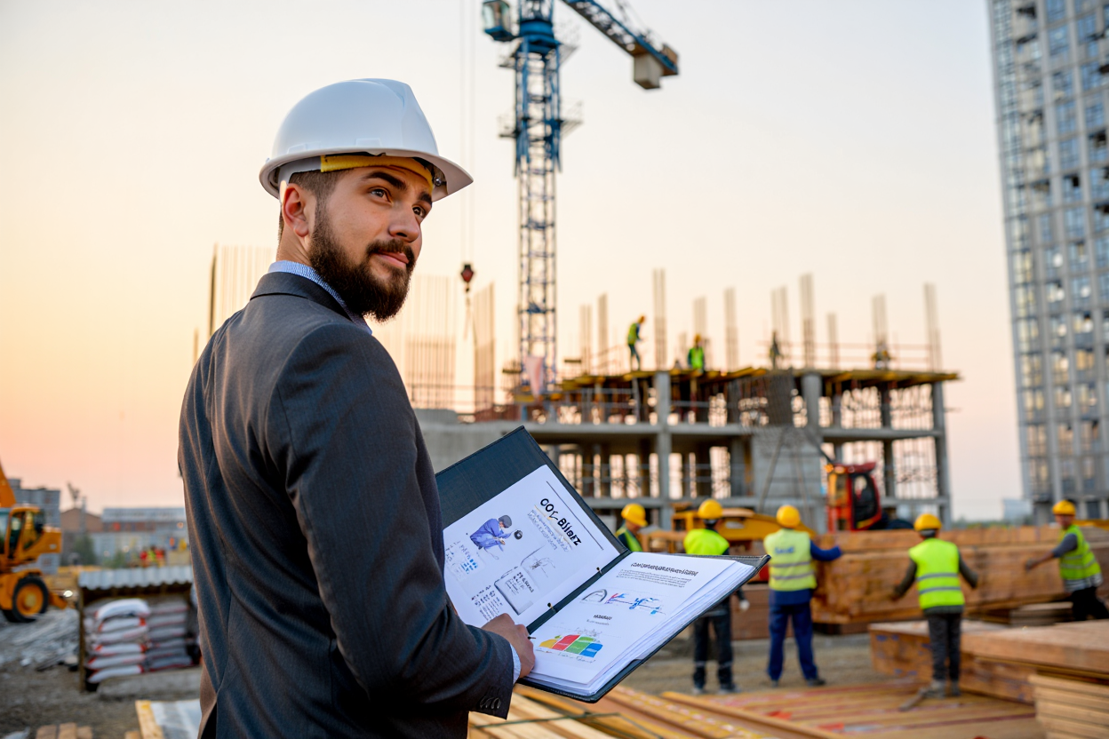 Bauleiter mit CO₂-Bilanz-Dokument auf einer Baustelle im Sonnenuntergang.